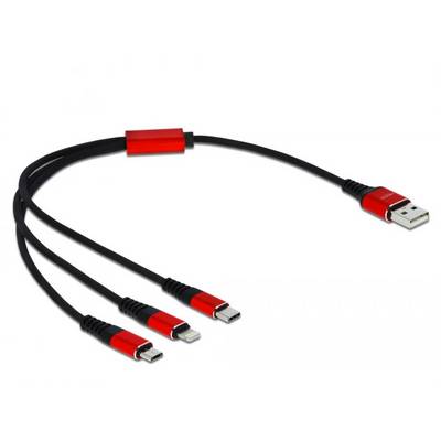 Červený USB kabel se třemi různými konektory: USB-C, Lightning a micro USB. Ideální pro nabíjení různých zařízení.