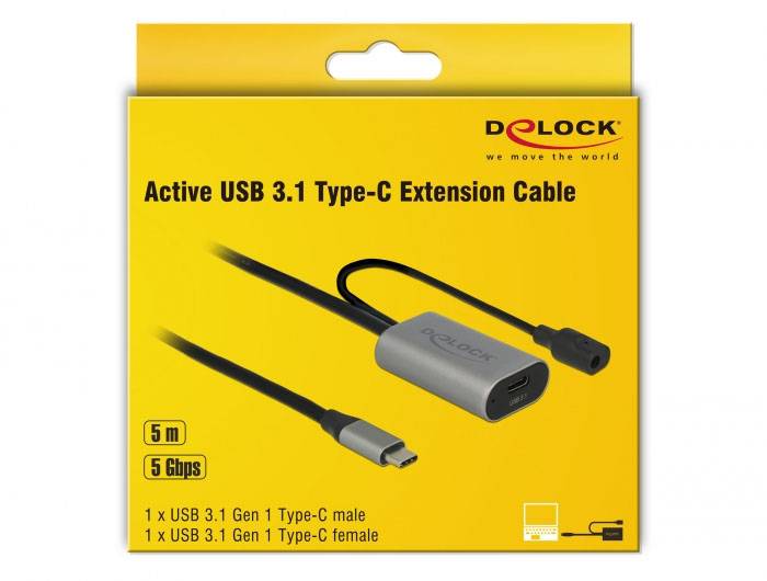 Obal ukazuje 5 m dlouhý aktivní prodlužovací USB 3.1 kabel Typ-C od značky Delock, s přenosovou rychlostí dat 5 Gb/s.