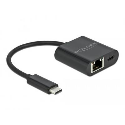 Černý adaptér s konektorem USB-C, LAN a zásuvkou USB-C. Označený nápisem 'Delock'.