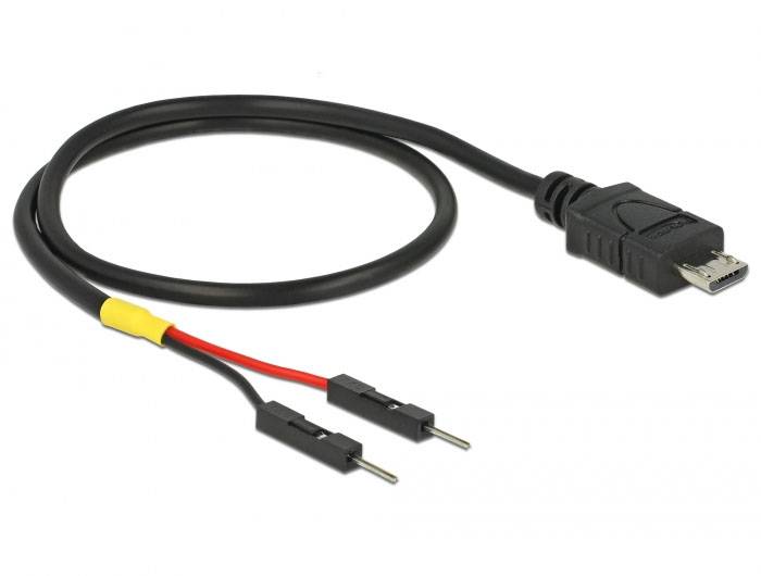 Černý USB kabel s micro-USB konektorem a dvěma Dupont vodiči, označenými červenými a černými vodiči.