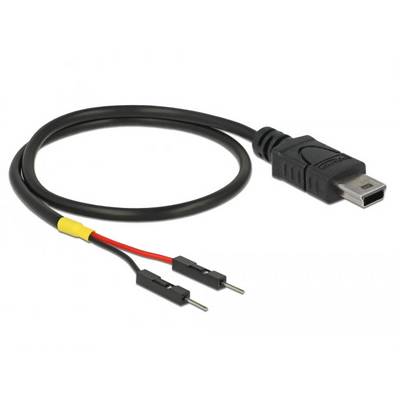 USB kabel s Mini-B konektorem a dvěma volnými jumperovými vodiči, černý, používaný pro elektrické propojení nebo prototypování.