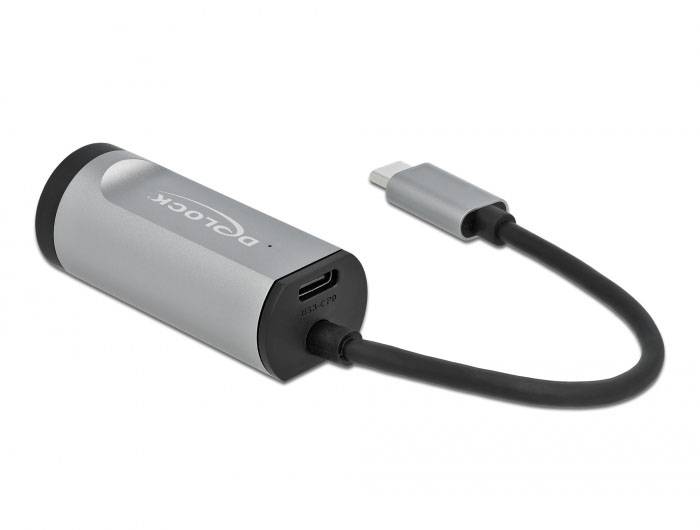 Stříbrný adaptér s USB-C konektorem na jednom konci a HDMI konektorem na straně druhé, označený logem 'Delock'.