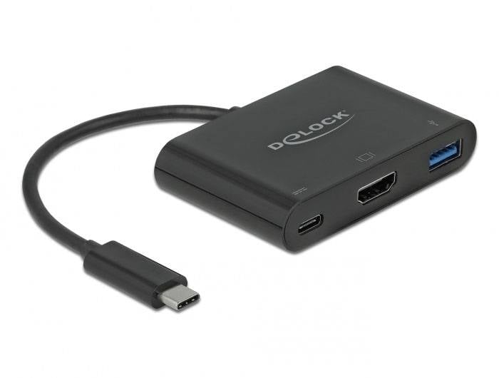 Černý adaptér s konektorem USB-C a porty pro HDMI, USB-A a USB-C, který umožňuje propojení zařízení.