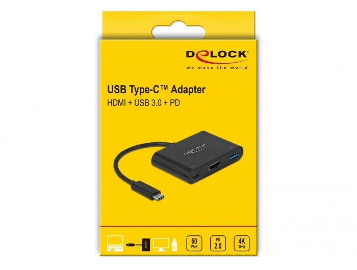 USB-C adaptér od Delocku, podporuje HDMI, USB 3.0 a PD. Balení zobrazuje obrázek produktu a technické symboly: 60 W, 2.0, 4K, 2039.