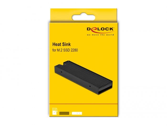 Obal pro Delock chladič pro M.2 SSD 2280, žlutý. Zobrazuje obrázek chladiče. Branding a slogan nahoře.