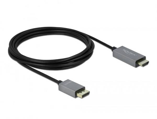 Delock DisplayPort / HDMI kabel Konektor DisplayPort, Zástrčka HDMI-A 3 m černá, šedá 85930 4K UHD, pozlacené kontakty Kabel DisplayPort