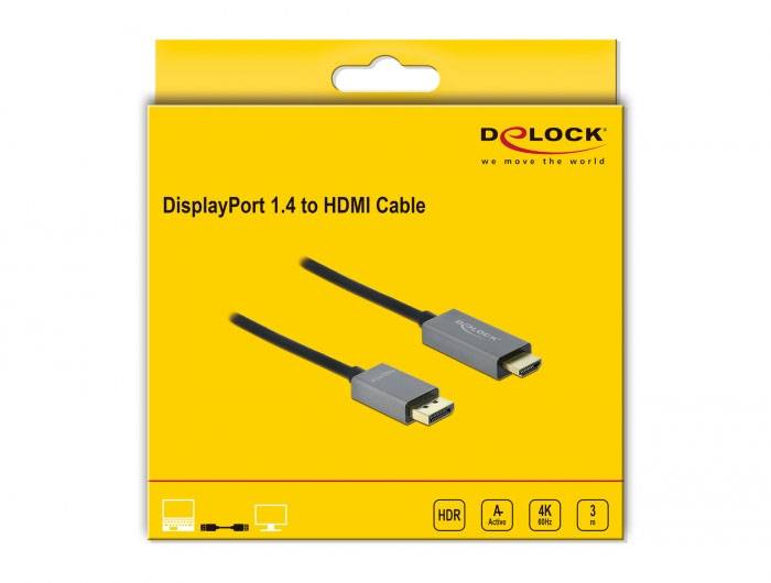 Produktová etiketa DisplayPort 1.4 na HDMI kabel, žlutá s vyobrazením dvou kabelů, označená HDR, 4K, 60 Hz, délka 3 metry.