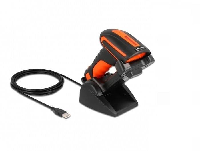 Delock 90556 skener 2D čárového kódu Bluetooth, kabelové 1D, 2D LED černá, oranžová ruční skener vč. stojánku-0