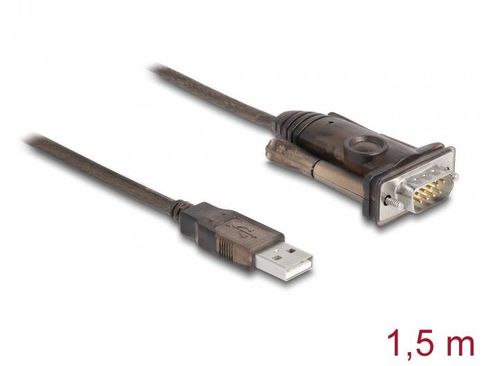 USB adaptér z USB na RS232, délka 1,5 m, USB-A zástrčka na 9-pinový sériový konektor. Pro připojení sériových zařízení k počítačům.