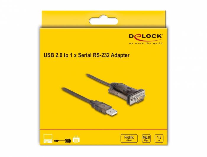 Žlutý produktový obal pro 'USB 2.0 na 1x sériový RS-232 adaptér' od společnosti Delock, zobrazený s USB a RS-232 konektory.