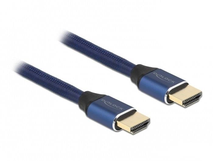 Dvě modré HDMI kabely se zlatými konektory, položené vedle sebe na bílém pozadí.