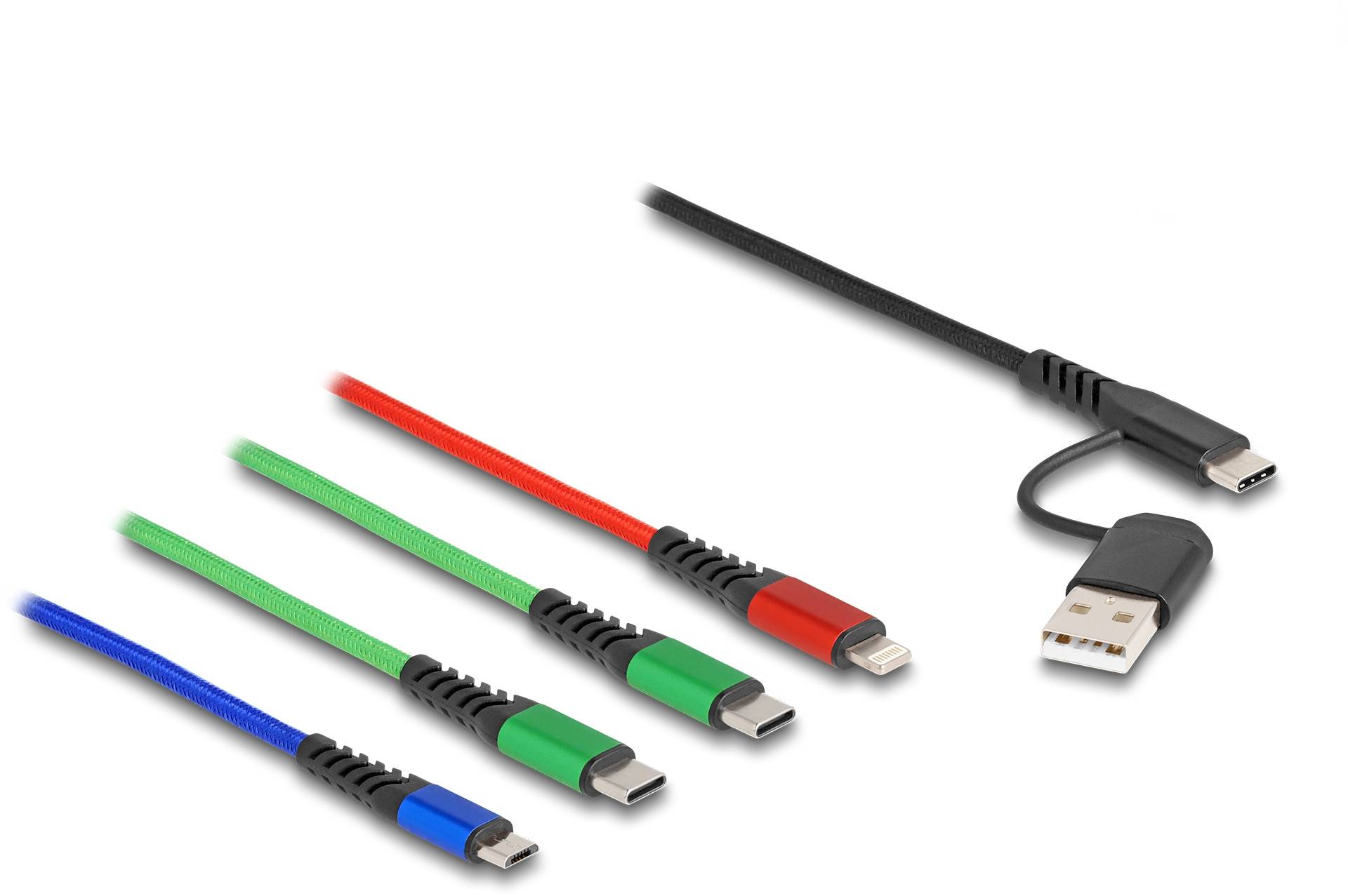 Pět barevných USB kabelů (zelený, červený, tmavě zelený, světle zelený a černý) s micro-USB a USB konektory na bílém pozadí.