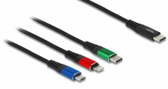 Čtyři USB-C kabely v modré, červené, zelené a černé barvě položené vedle sebe.