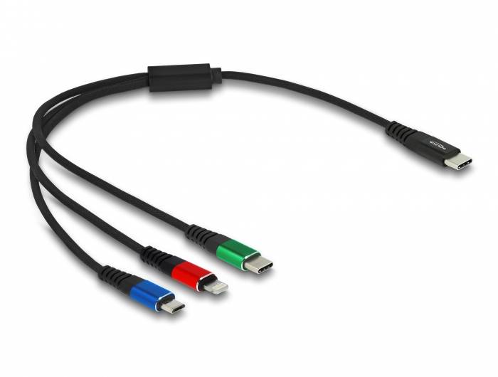 Nabíjecí kabel se čtyřmi konektory: USB-C, Micro-USB, Lightning a USB-A. Ideální pro současné nabíjení různých zařízení.
