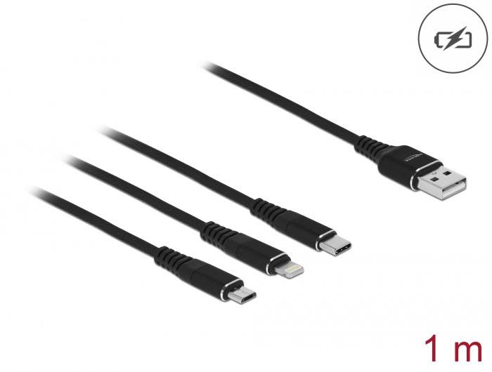 USB kabel se čtyřmi různými konektory v černé barvě. Délka: 1 metr.