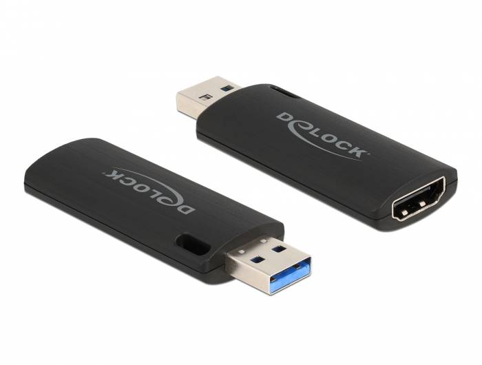 Černý USB 3.0 adaptér od společnosti Delock, který na jedné straně zobrazuje HDMI konektor, na straně druhé USB zástrčku. Ideální pro HDMI připojení.