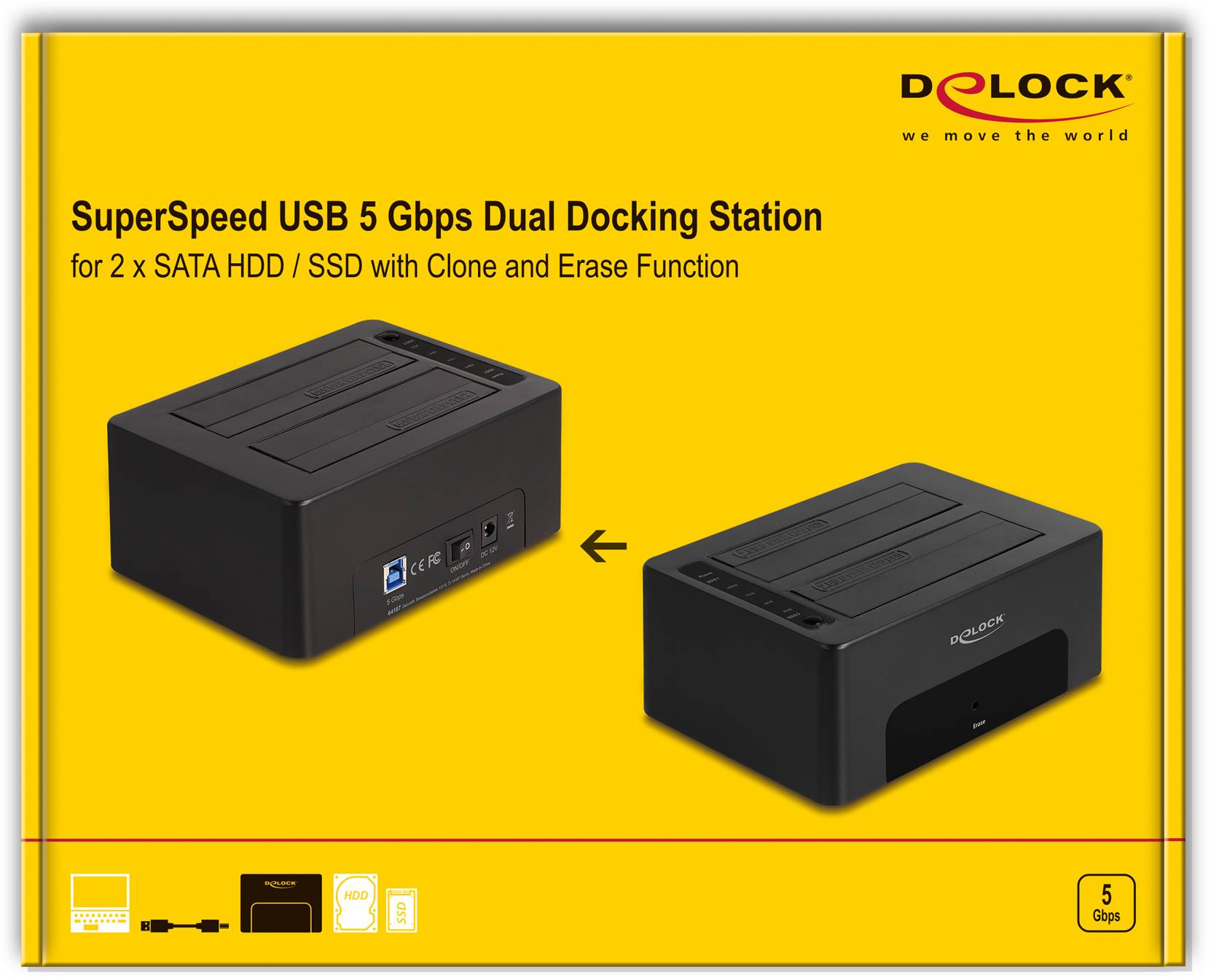 Delock 64187 USB B, SATA 6 Gb/s, DC zásuvka 3,5 mm dokovací stanice pro pevný disk s funkcí klonování, s funkcí mazání-5