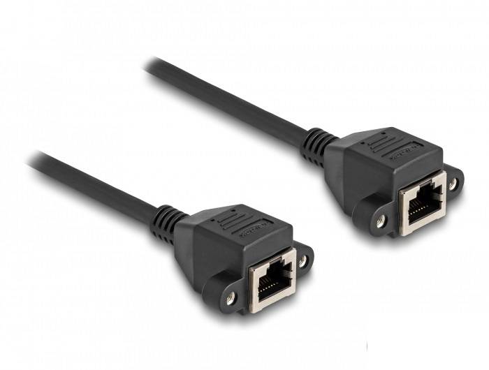 Dva černé ethernetové prodlužovací kabely s konektory.