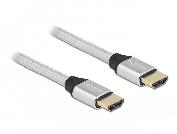 Dva HDMI kabely se stříbrnými konektory a černým detailem, vhodné pro přenos audio a video dat.