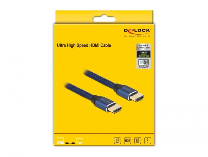 Balení ultravyskorychlostního HDMI kabelu značky Delock, zobrazené s dvěma HDMI konektory vpředu a produktovými informacemi.