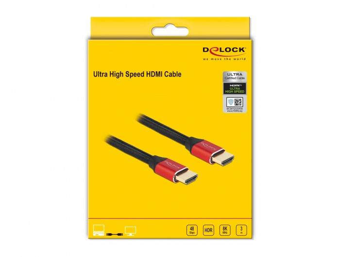Žlutý obal prezentuje Ultra High Speed HDMI kabel s červeným a černým designem, vhodný pro 8K, HDR a přenosovou rychlostí 48 Gbps.