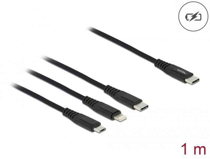 Čtyři nabíjecí kabely na bílém pozadí, každý s jinými konektory: USB-C, Micro-USB, Lightning a další USB-C. Délka: 1 metr.