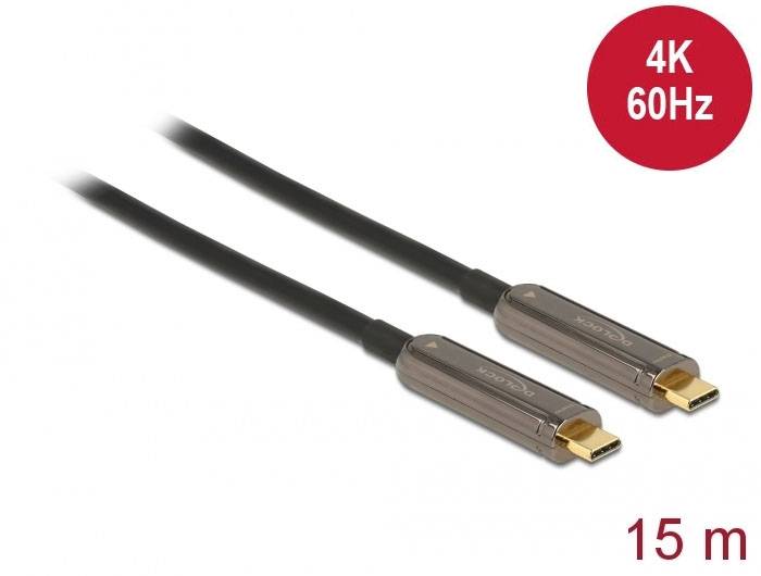 HDMI kabel, 15 metrů, podporuje 4K při 60 Hz; černý kabel s dvěma konektory.