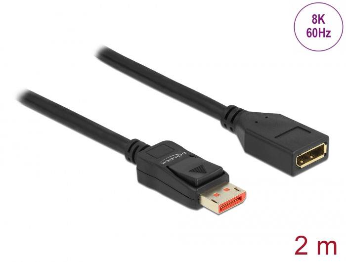 Adaptérový kabel DisplayPort, samec na samici, délka 2 m, podpora 8K při 60 Hz.