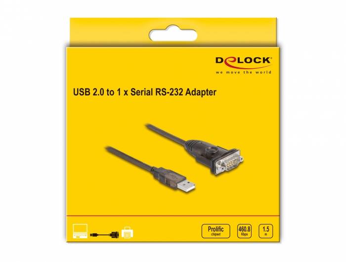 Žlutý obal adaptéru 'USB 2.0 na 1x sériový RS-232' od společnosti Delock. Zobrazuje USB kabel a sériový port.