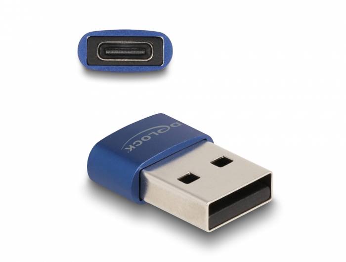 Modrý USB adaptér s USB-A a USB-C konektory, zobrazený ze dvou perspektiv: z boku a shora.