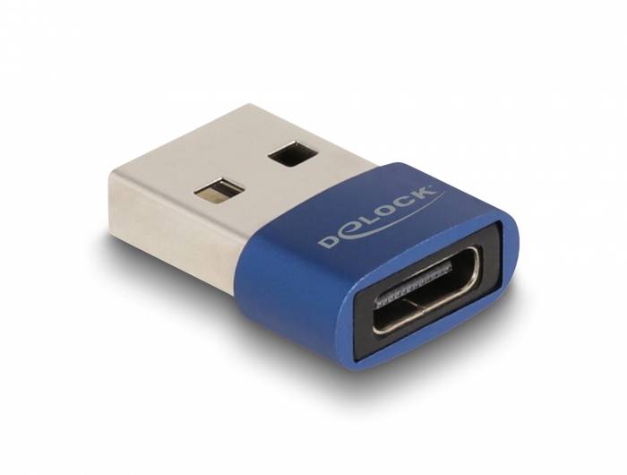 Adaptér z USB-A zástrčky na USB-C zásuvku, modré provedení, značka 'Delock'.