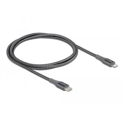 Opletený USB-C na Lightning kabel, přibližně 1 metr dlouhý, v šedo-černé barvě.