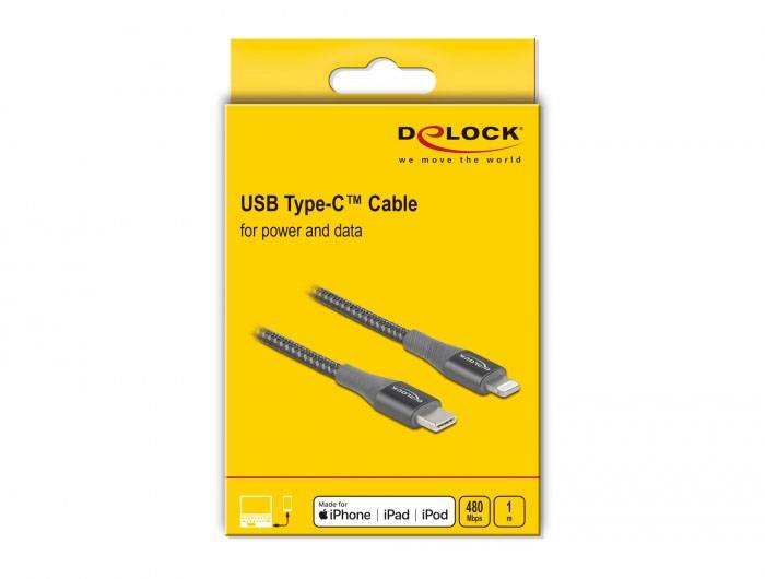 Žlutý obal USB Type-C kabelu od značky Delock, vhodný pro iPhone, iPad, iPod. Nápis: "pro napájení a přenos dat", 480 Mbps.