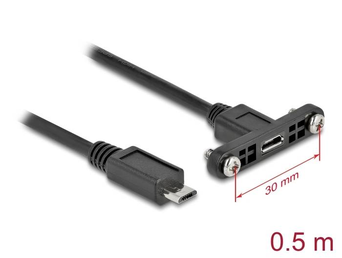 Černý USB kabel s micro-USB konektorem, délka 0,5 m, pravoúhlý adaptér s upevňovacími otvory ve vzdálenosti 30 mm.