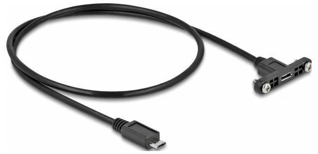 Černý USB kabel s konektorem typu B vlevo a držákem vpravo, vhodný pro pevnou montáž zařízení.