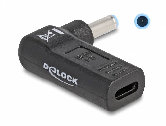Adaptér v L-provedení s konektorem USB-C na stejnosměrný napájecí konektor. Černý design s vyznačenými body. Používá se pro připojení zařízení.