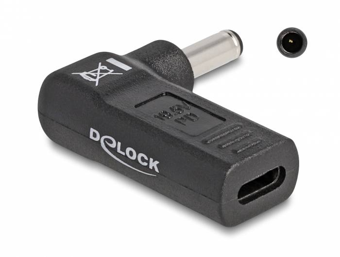 Adaptér pro napájecí konektory od Delocku, černý, USB-C na dutou zdířku, průměr 5,5 mm, ideální pro napájení.