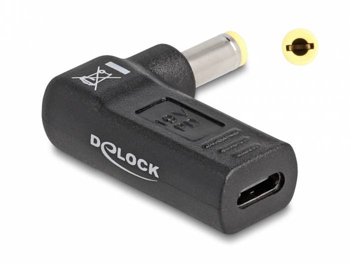 USB-C adaptér od firmy Delock s černým tělem a žlutě označeným kulatým konektorem.