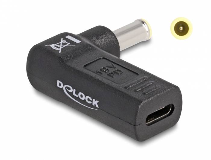 Adaptér Delock, konektor 5,5 x 2,1 mm na zásuvku USB Mini-B, černý, s obalovým symbolem.