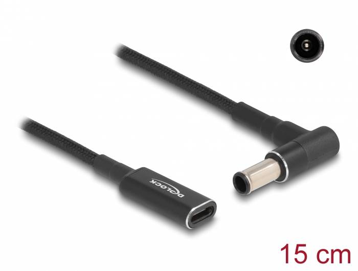 Černý 15 cm dlouhý adaptérový kabel od Delocku s konektorem USB-C na dutou zástrčku, 5,5 x 2,1 mm. Vhodný pro elektronická zařízení.