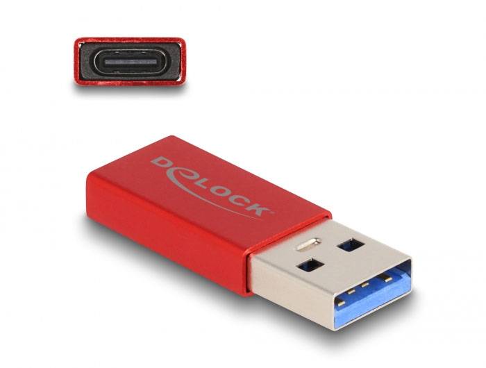Červený USB flash disk s USB-A a USB-C porty, vhodný pro přenos dat.