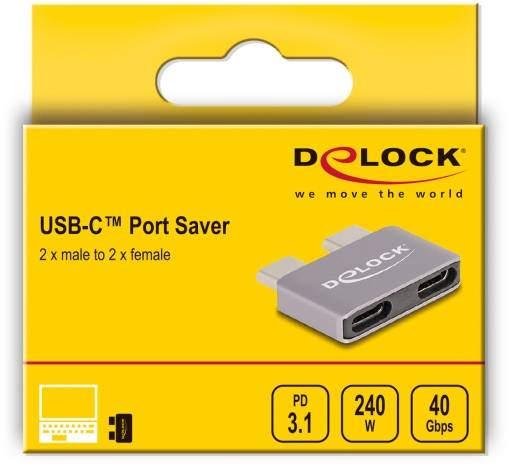 Žlutý obal pro USB-C port saver od DeLock. Detaily: 2x samec na 2x samice, PD 3.1, 240W, 40 Gbps.