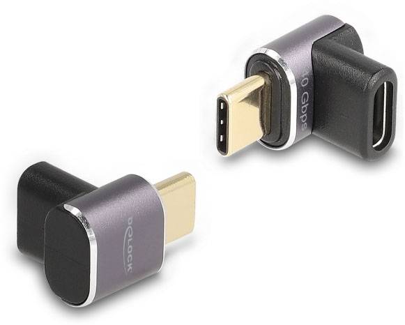 USB-C adaptér s 90stupňovým úhlem, jednou zdířkou a jedním konektorem. Navržen pro úsporné prostorové připojení zařízení.