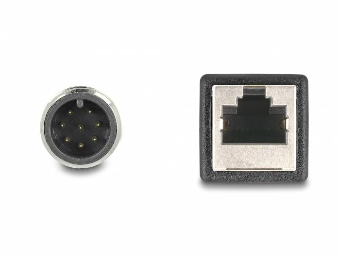 'Devítipólový kulatý konektor a čtvercová ethernetová zásuvka zobrazené vedle sebe.'