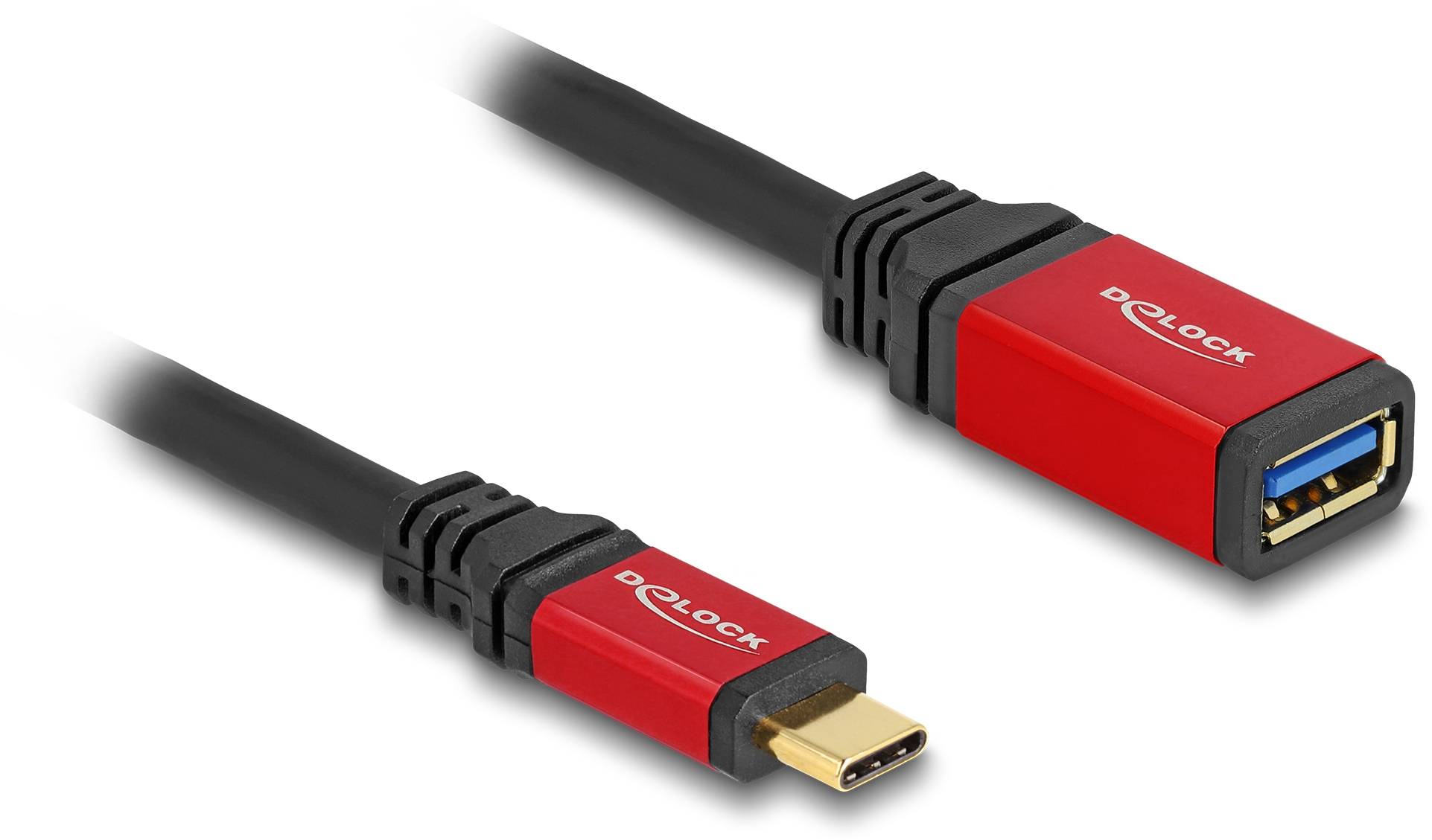 Adaptační kabel USB-C na USB-A, černý s červenými konektory, od značky Delock.