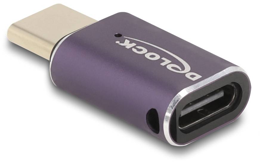 Fialový USB-C adaptér s nápisem 'Delock'.