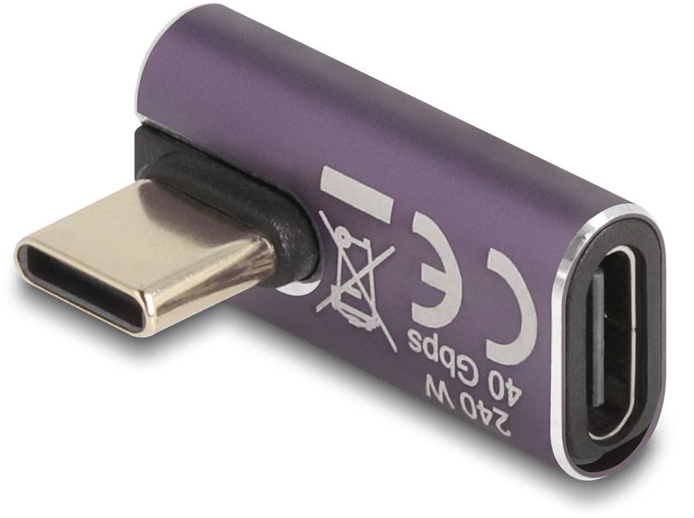 USB-C adaptér, fialový. Zobrazuje CE označení a text s upozorněním; slouží k připojení zařízení pomocí USB-C.