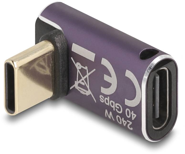 Fialový, obdélníkový USB-C adaptér s kovovými konektory a bílými technickými značkami.