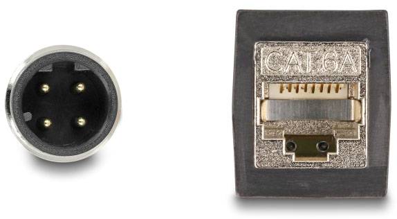 Vlevo XLR konektor a vpravo síťová zásuvka CAT6A. Oba slouží k propojení v audio a síťových aplikacích.