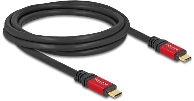 Černý HDMI kabel s červenými konektory a zlatými kontakty, vhodný pro připojení zařízení pro přenos audio a videa.